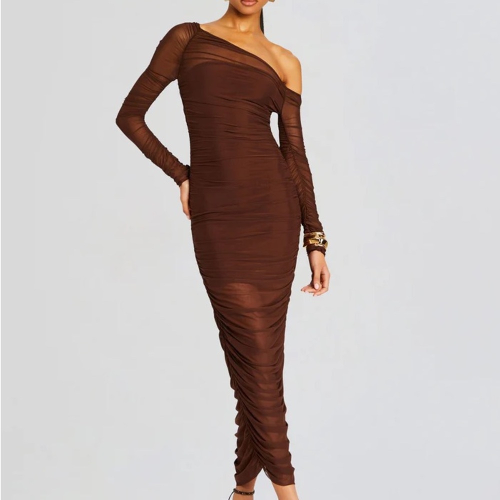 Retrofete Brown Asymmetrical Ruched Midi Dress